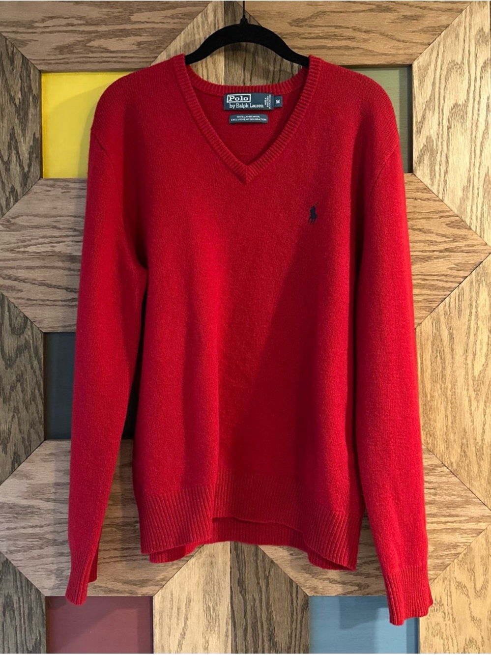 Vintage Polo Ralph Lauren Sweater Mens Red 100% Lambswool Pullover V-Neck Sz M